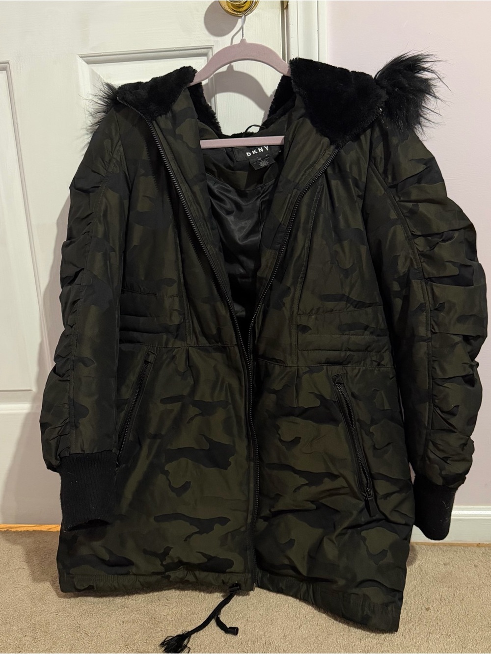 DKNY Women's Olive Camo Parka Coat with Faux Fur Hood